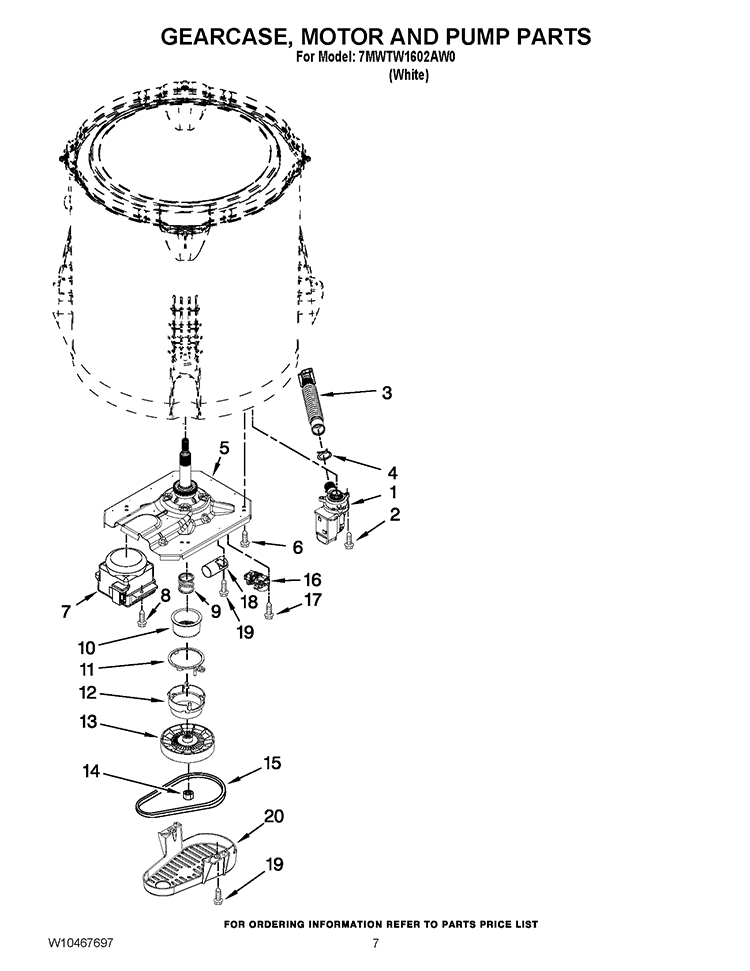 GEARCASE, MOTOR AND PUMP PARTS Diagram and Parts List for 7MWTW1602AW0  Whirlpool Washer