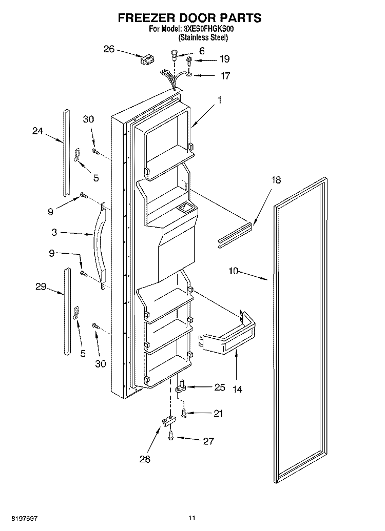 FREEZER DOOR Diagram and Parts List for 3XES0FHGKS00  Whirlpool Refrigerator