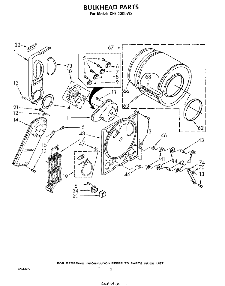 BULKHEAD Diagram and Parts List for CFE1300W3  Whirlpool Dryer