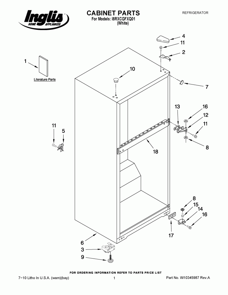 CABINET PARTS Diagram and Parts List for I8RXCGFXQ01  Inglis Refrigerator