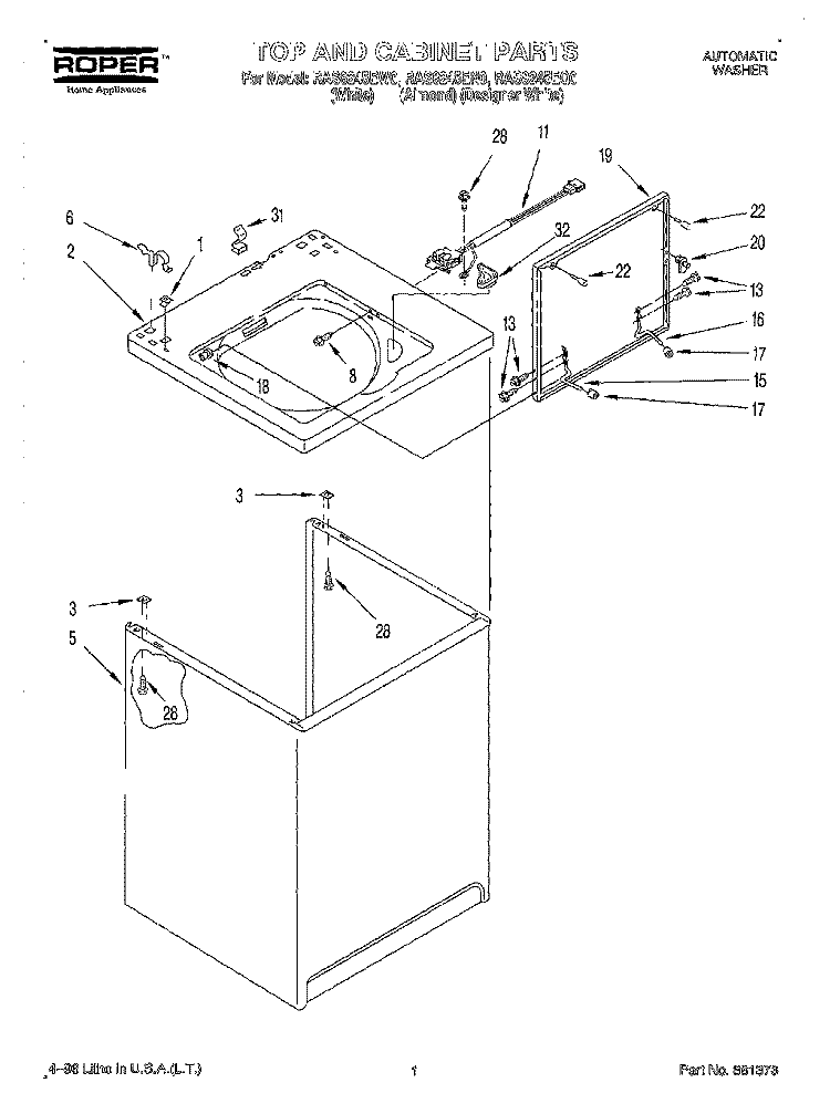 TOP AND CABINET Diagram and Parts List for RAS8245EN0  Roper Washer