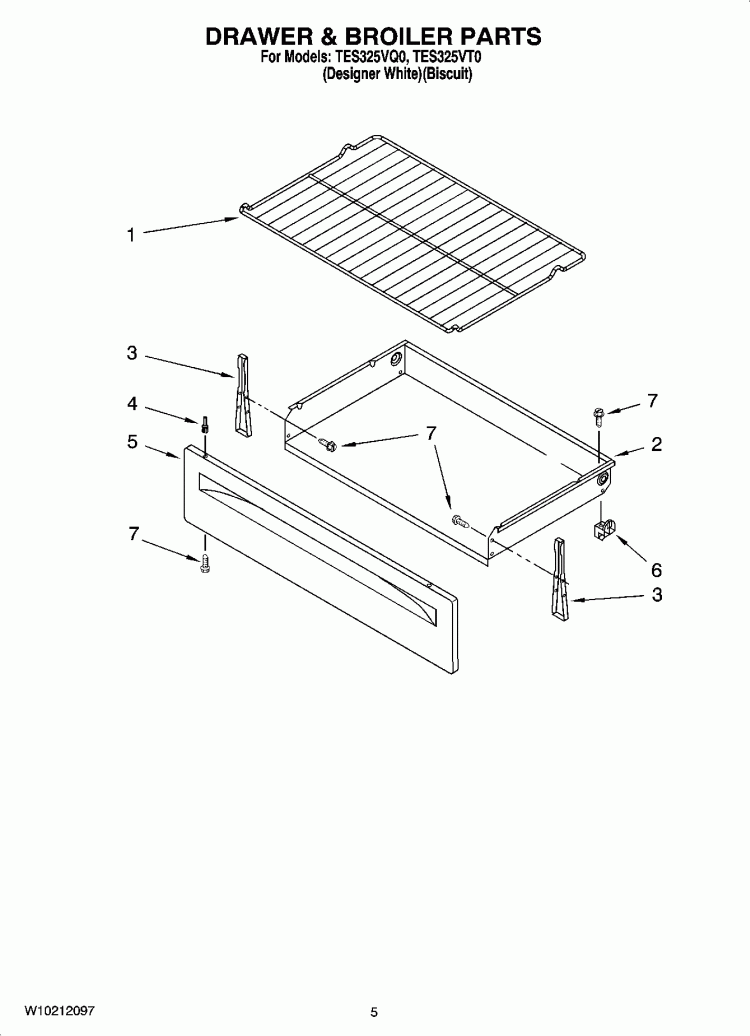 DRAWER & BROILER PARTS Diagram and Parts List for TES325VT0  Estate Range