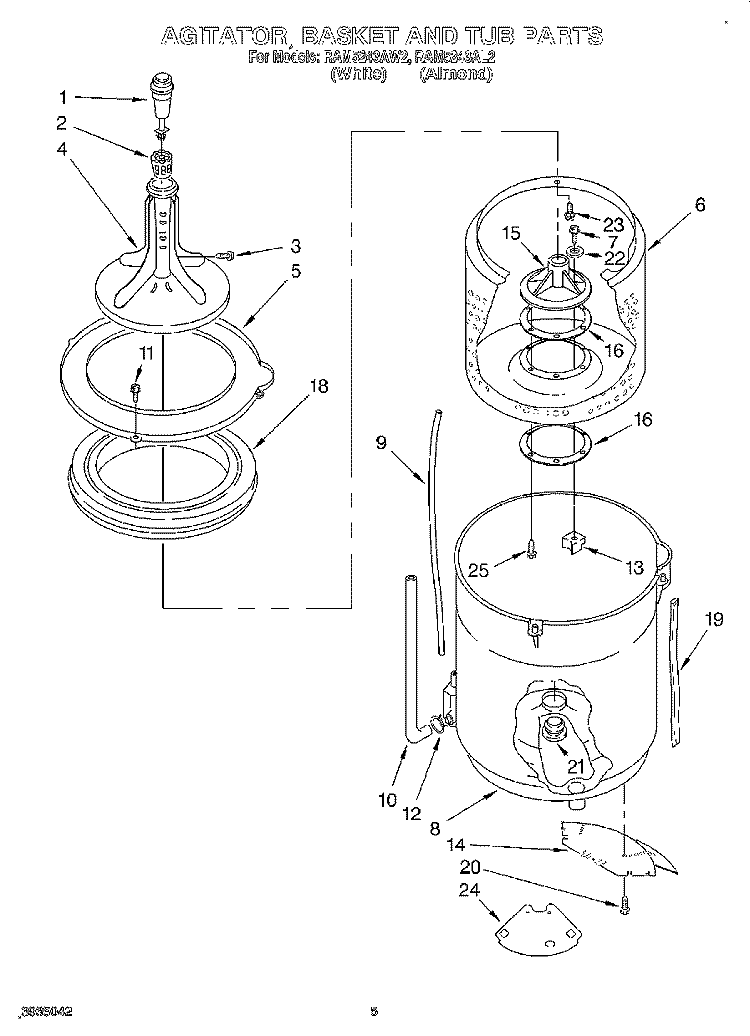 AGITATOR, BASKET AND TUB Diagram and Parts List for RAM5243AW2  Whirlpool Washer