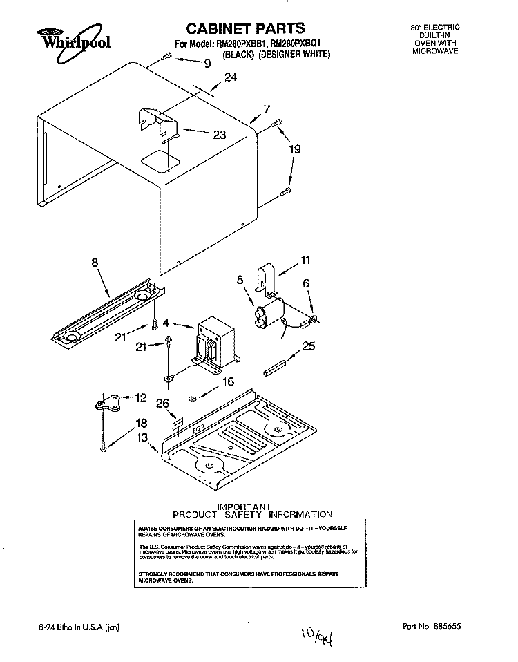 CABINET Diagram and Parts List for RM280PXBB1  Whirlpool Microwave Oven Combo