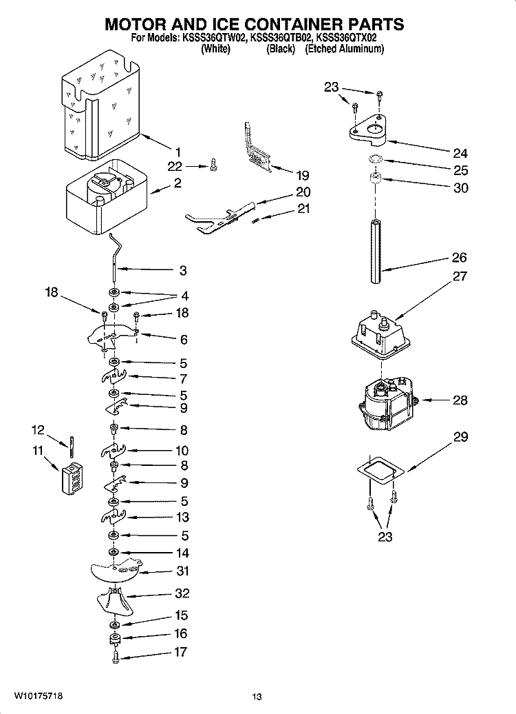 MOTOR AND ICE CONTAINER PARTS Diagram and Parts List for KSSS36QTB02  KitchenAid Refrigerator