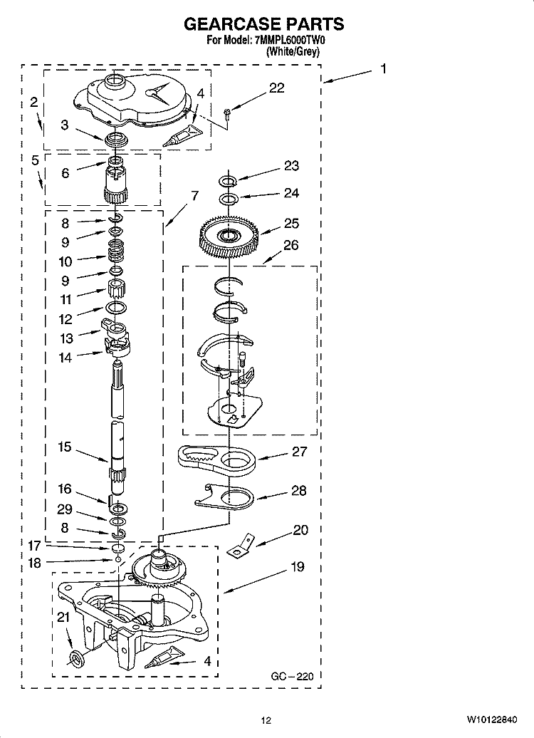 GEARCASE PARTS, OPTIONAL PARTS (NOT INCLUDED) Diagram and Parts List for 7MMPL6000TW0  Whirlpool Washer