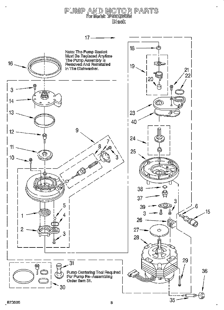 PUMP AND MOTOR Diagram and Parts List for DP920QWDB4  Whirlpool Dishwasher