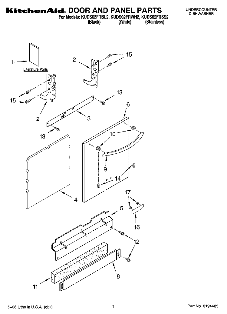 DOOR AND PANEL PARTS Diagram and Parts List for KUDS02FRWH2  KitchenAid Dishwasher