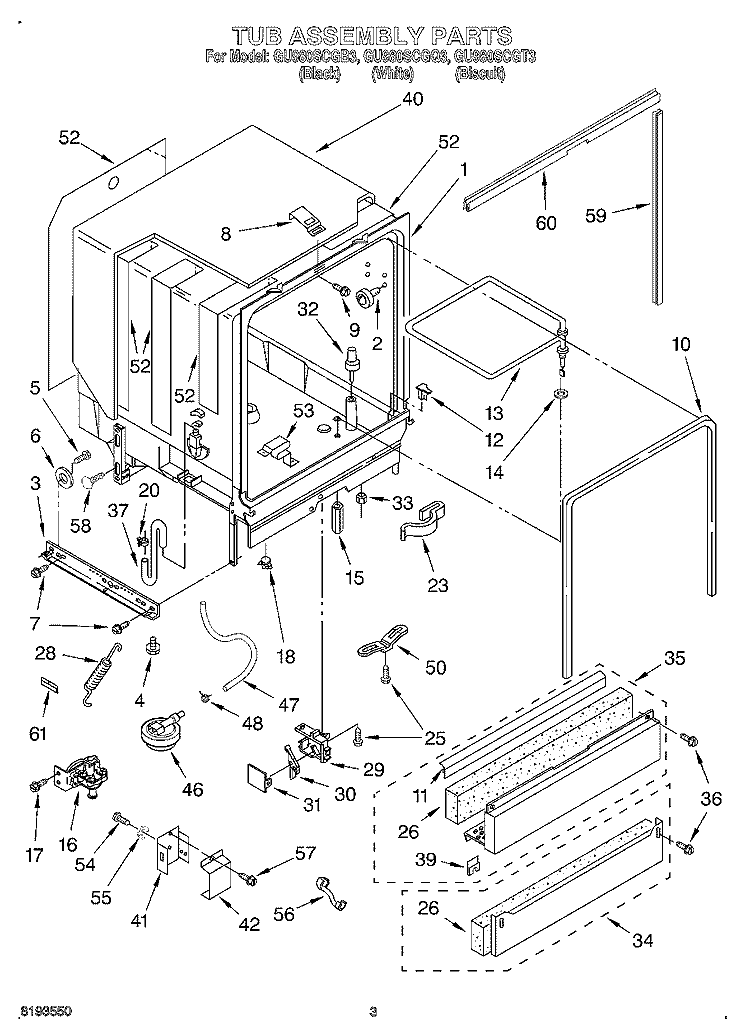 TUB ASSEMBLY Diagram and Parts List for GU980SCGQ3  Whirlpool Dishwasher