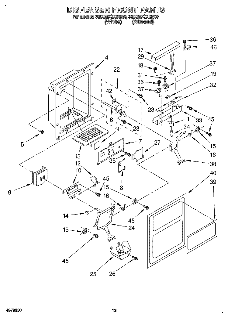 DISPENSER FRONT Diagram and Parts List for 3ED25DQXBN00  Whirlpool Refrigerator