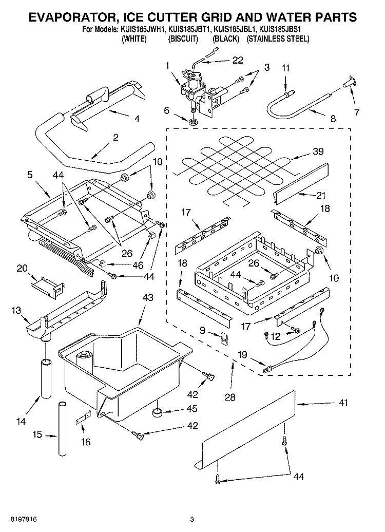 EVAPORATOR, ICE CUTTER GRID AND WATER Diagram and Parts List for KUIS185JBT1  KitchenAid Ice Maker