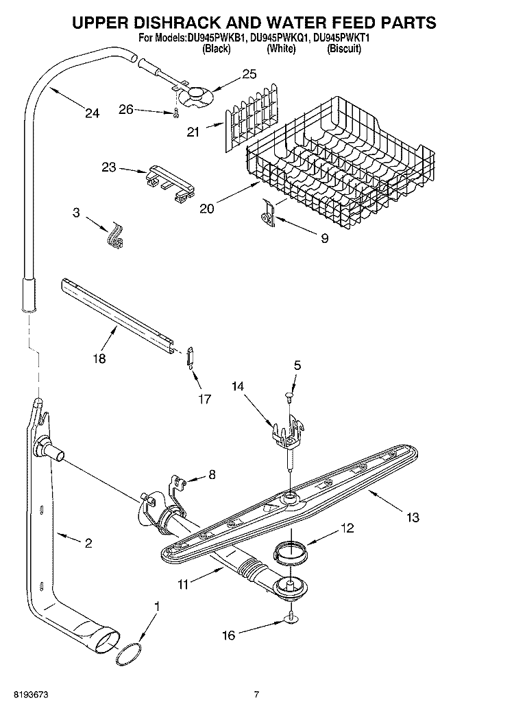 UPPER DISHRACK AND WATER FEED Diagram and Parts List for DU945PWKT1  Whirlpool Dishwasher