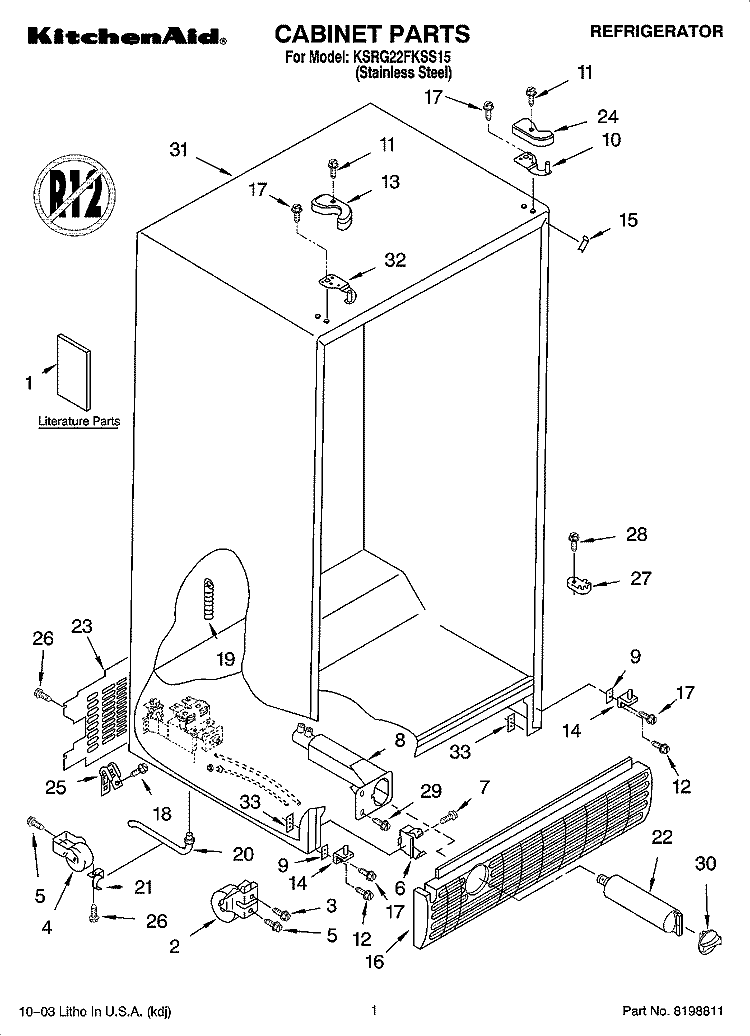 CABINET PARTS Diagram and Parts List for KSRG22FKSS15  KitchenAid Refrigerator
