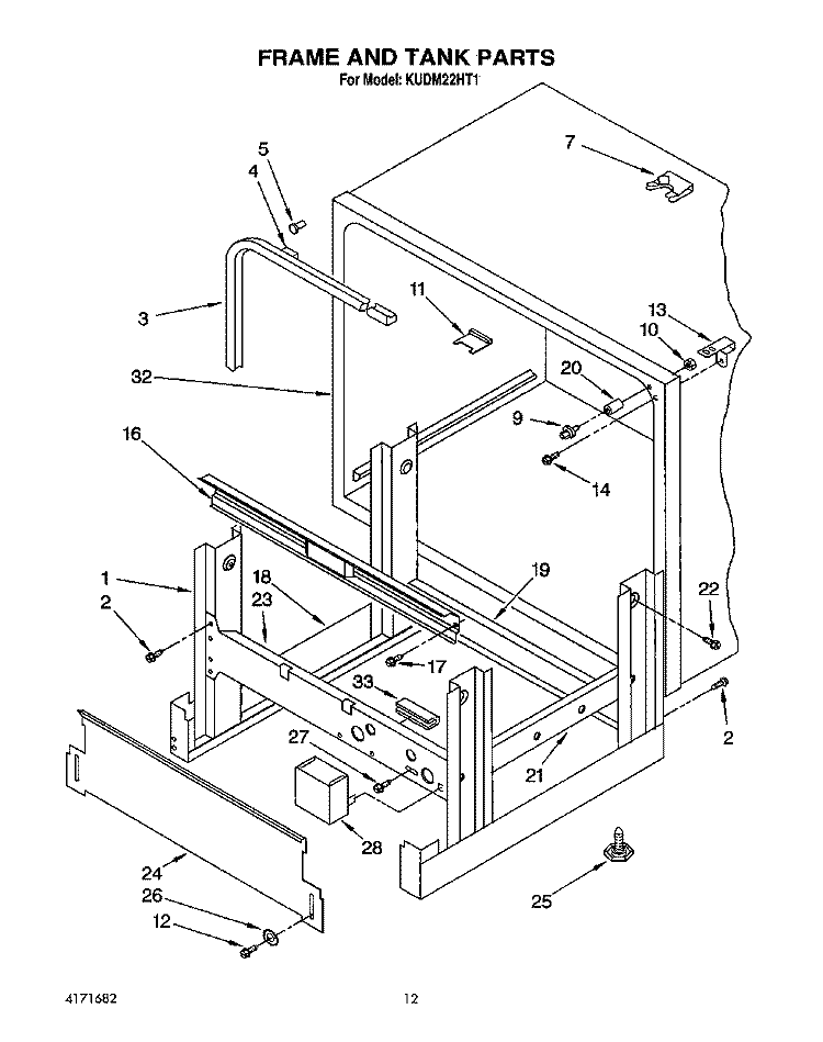 FRAME AND TANK Diagram and Parts List for KUDM22HT1  KitchenAid Dishwasher