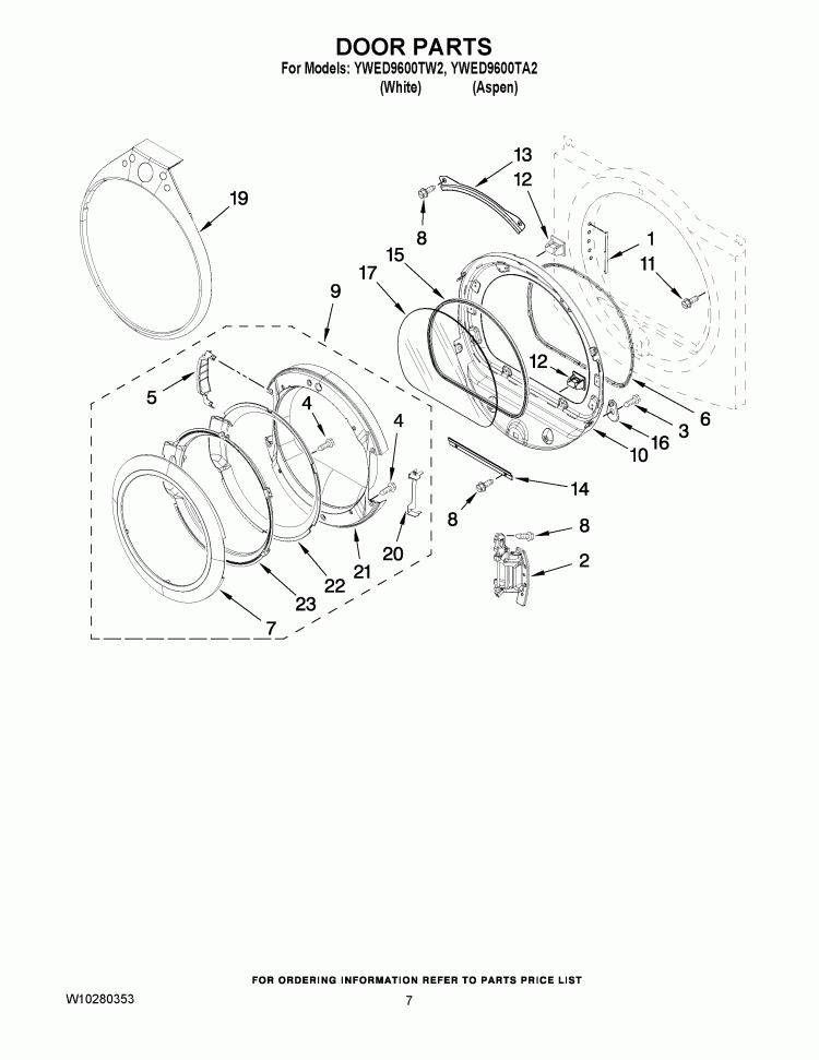 DOOR PARTS Diagram and Parts List for YWED9600TA2  Whirlpool Dryer