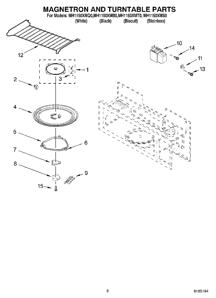 MAGNETRON AND TURNTABLE PARTS Diagram and Parts List for MH1150XMS0  Whirlpool Microwave