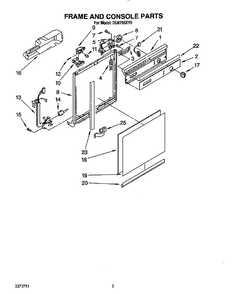 FRAME AND CONSOLE Diagram and Parts List for DU8750XY0  Whirlpool Dishwasher