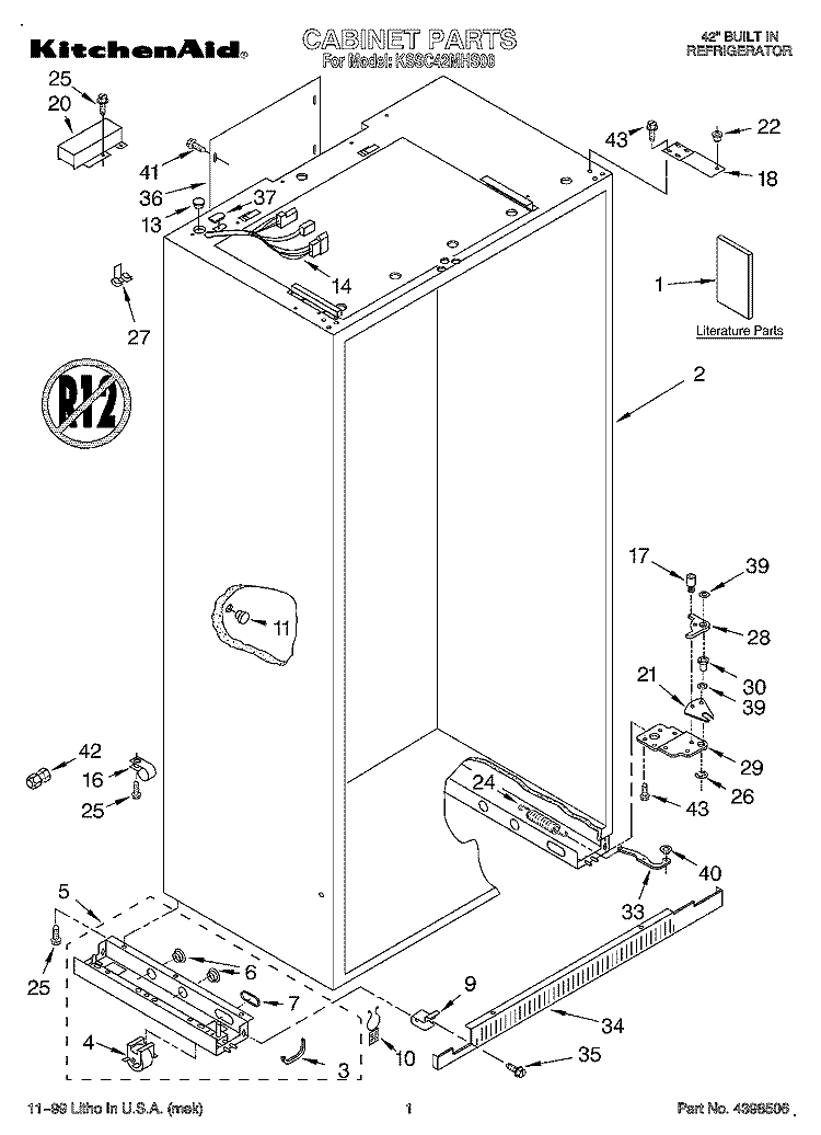 CABINET, LITERATURE Diagram and Parts List for KSSC42MHS00  KitchenAid Refrigerator