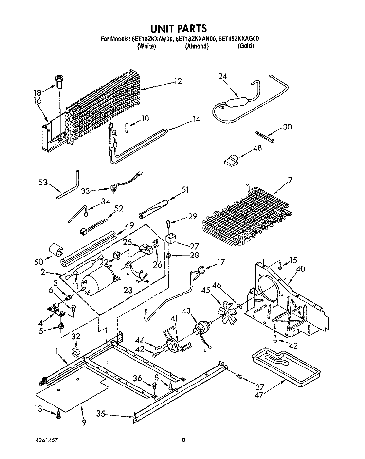 UNIT Diagram and Parts List for 8ET18ZKXAN00  Whirlpool Refrigerator