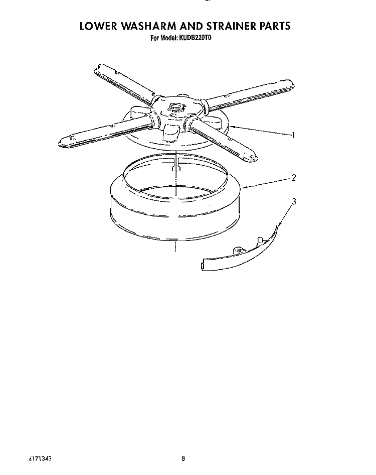 LOWER WASHARM AND STRAINER Diagram and Parts List for KUDB220T0  KitchenAid Dishwasher