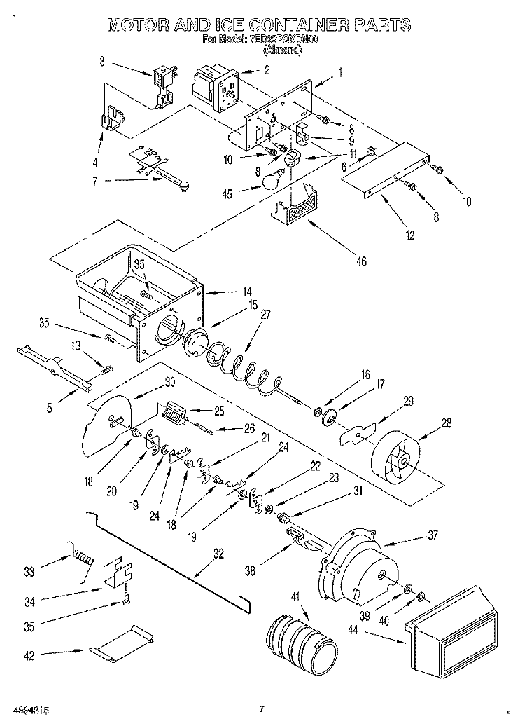 MOTOR AND ICE CONTAINER Diagram and Parts List for 7ED22PQXDN00  Whirlpool Refrigerator
