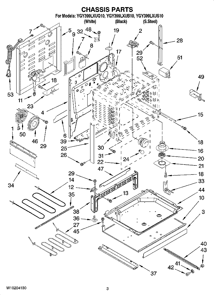 CHASSIS PARTS Diagram and Parts List for YGY399LXUQ10  Whirlpool Range
