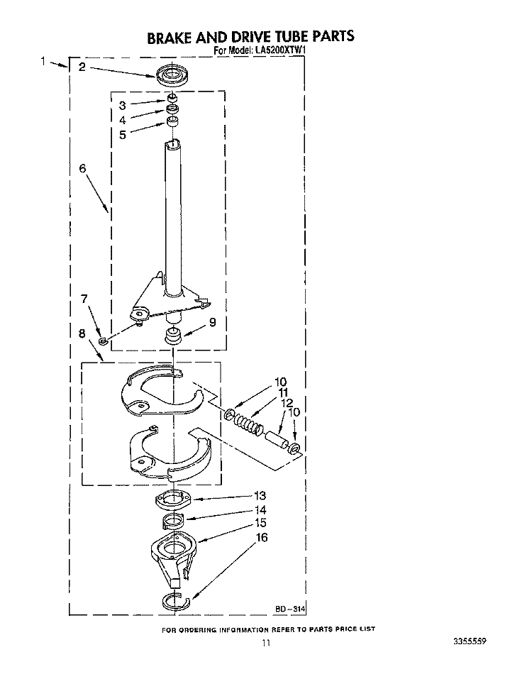 BRAKE AND DRIVE TUBE Diagram and Parts List for LA5200XTG1  Whirlpool Washer