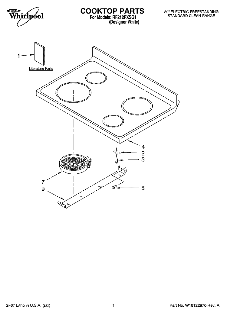 COOKTOP PARTS Diagram and Parts List for RF212PXSQ1  Whirlpool Range