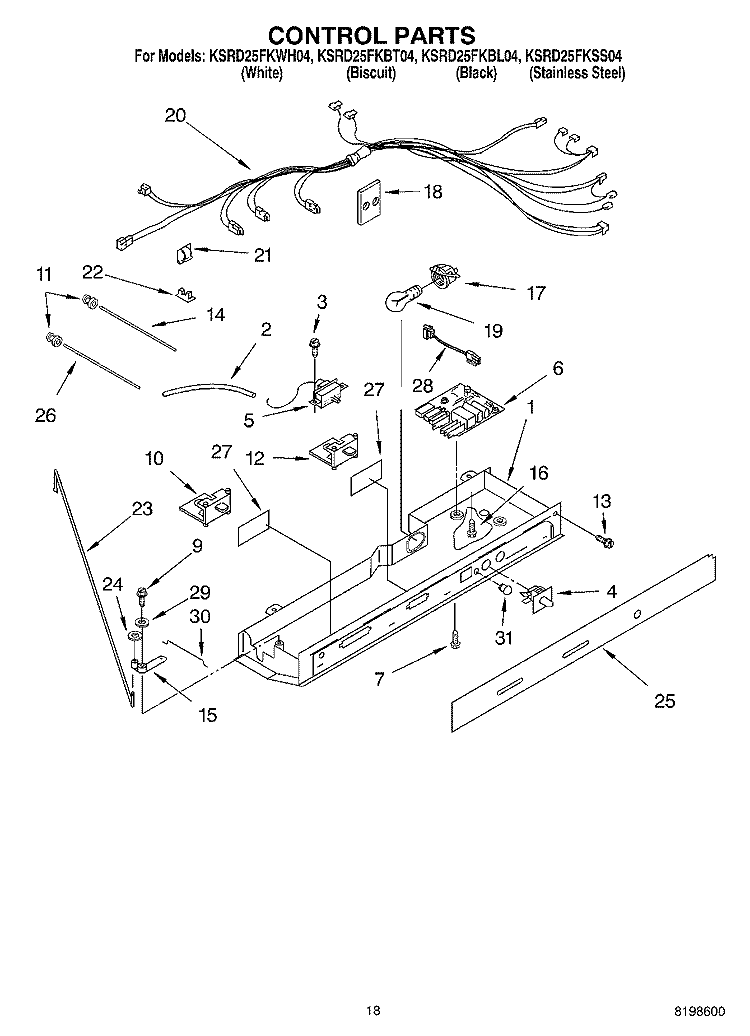 CONTROL PARTS Diagram and Parts List for KSRD25FKWH04  KitchenAid Refrigerator