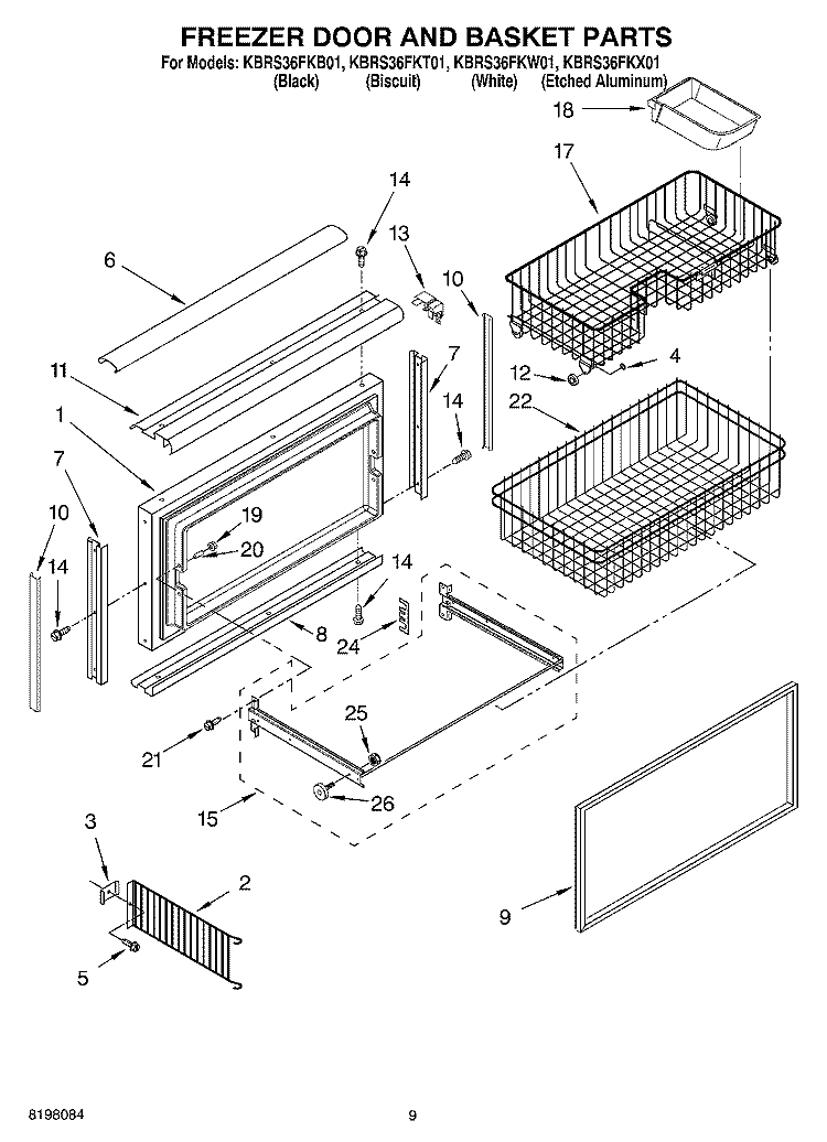 FREEZER DOOR AND BASKET Diagram and Parts List for KBRS36FKW01  KitchenAid Refrigerator