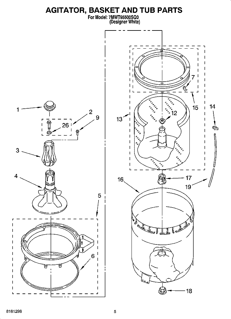 AGITATOR, BASKET AND TUB PARTS Diagram and Parts List for 7MWT95500SQ0  Whirlpool Washer