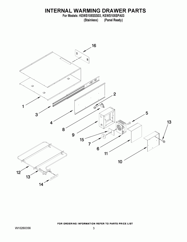 INTERNAL WARMING DRAWER PARTS Diagram and Parts List for KEWS105SPA03  KitchenAid Warming Drawer