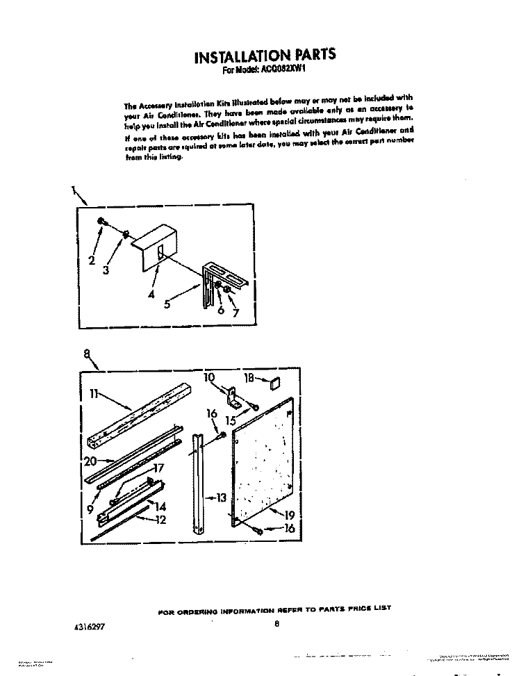 INSTALLATION Diagram and Parts List for ACQ082XW1  Whirlpool Air Conditioner