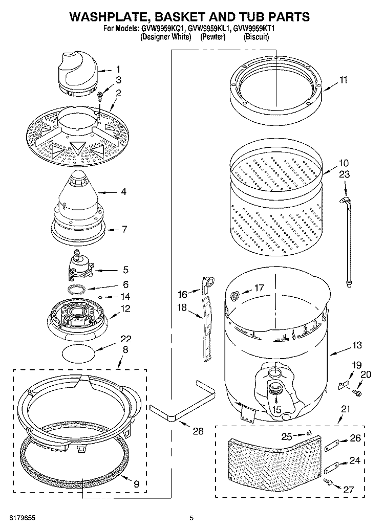 WASHPLATE, BASKET AND TUB Diagram and Parts List for GVW9959KT1  Whirlpool Washer