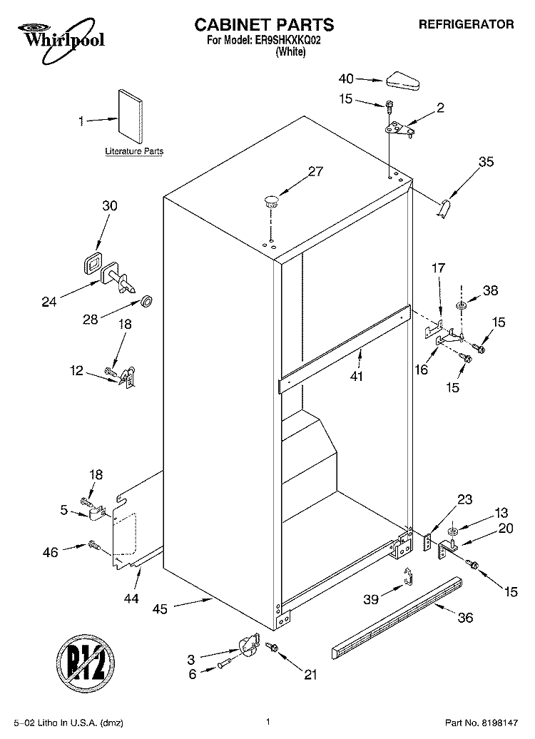 CABINET, LITERATURE Diagram and Parts List for ER9SHKXKQ02  Whirlpool Refrigerator