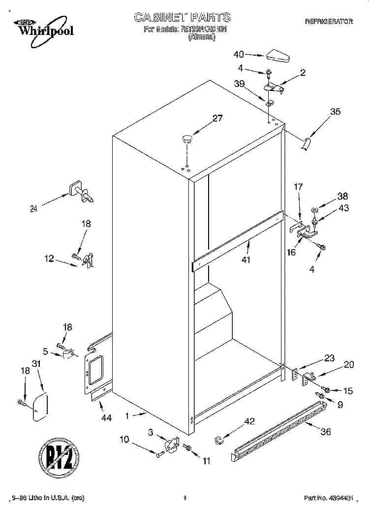 CABINET Diagram and Parts List for 7ET20PKXDN01  Whirlpool Refrigerator