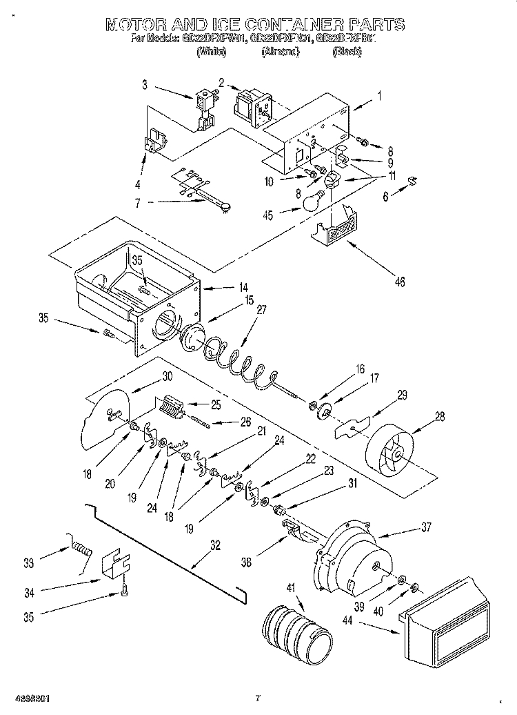 MOTOR AND ICE CONTAINER Diagram and Parts List for GD22DFXFB01  Whirlpool Refrigerator
