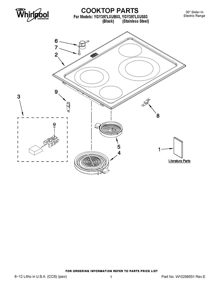 COOKTOP PARTS Diagram and Parts List for YGY397LXUB03  Whirlpool Range