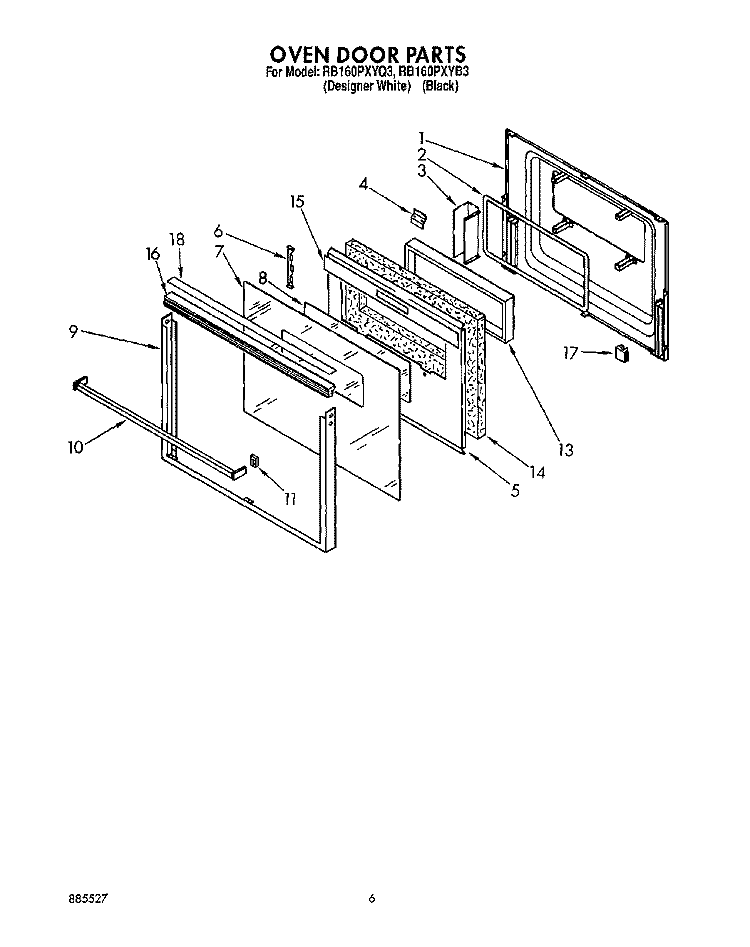 OVEN DOOR Diagram and Parts List for RB160PXYQ3  Whirlpool Range