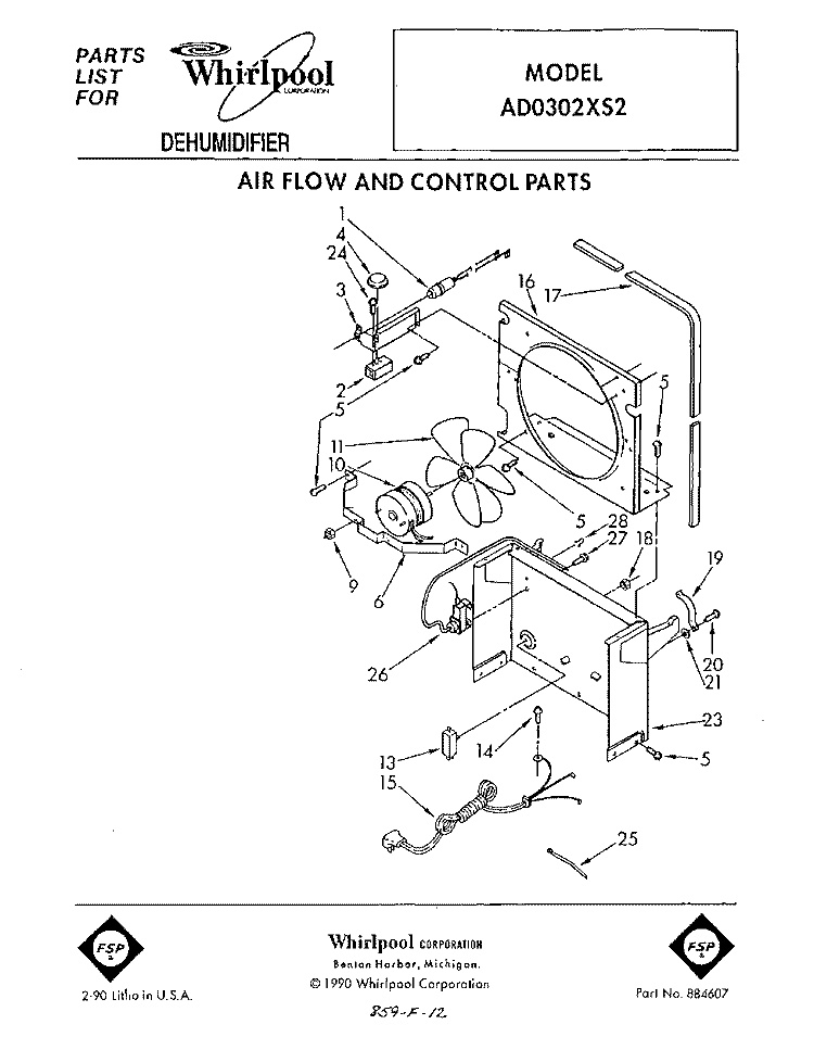 SECTION Diagram and Parts List for AD0302XS2  Whirlpool Dehumidifier