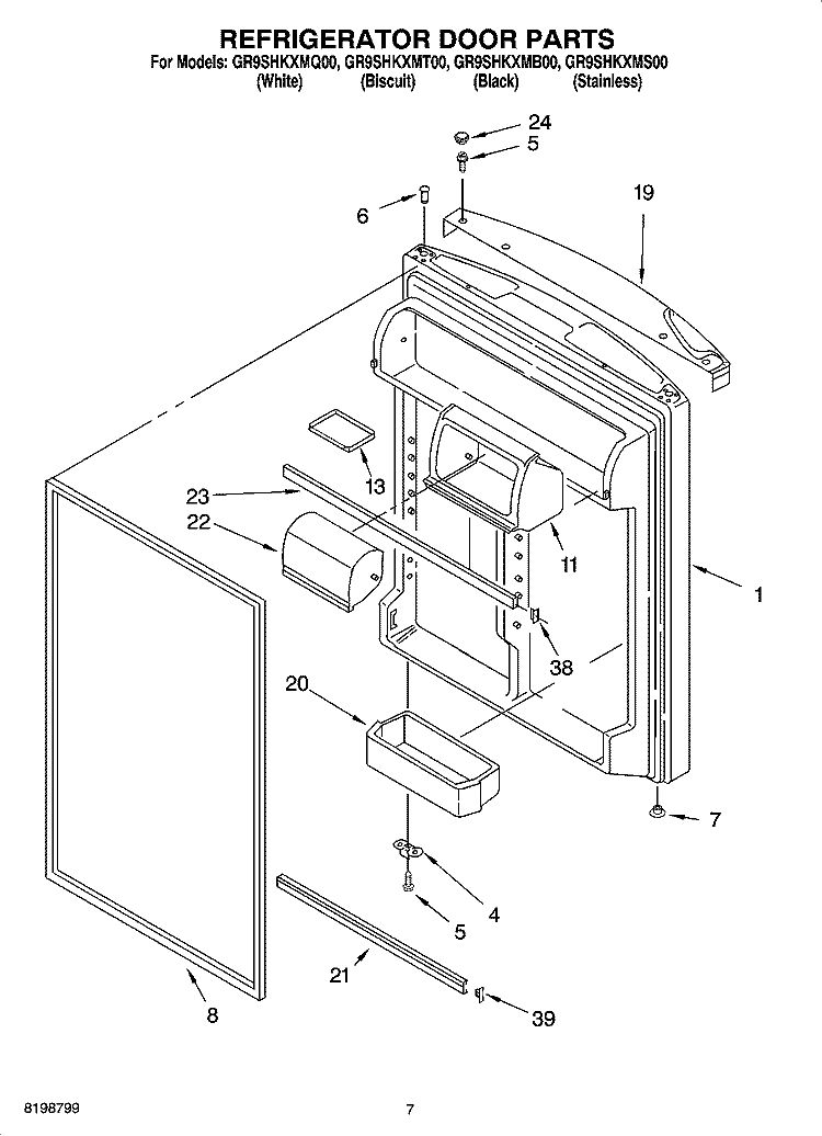 REFRIGERATOR DOOR PARTS Diagram and Parts List for GR9SHKXMT00  Whirlpool Refrigerator