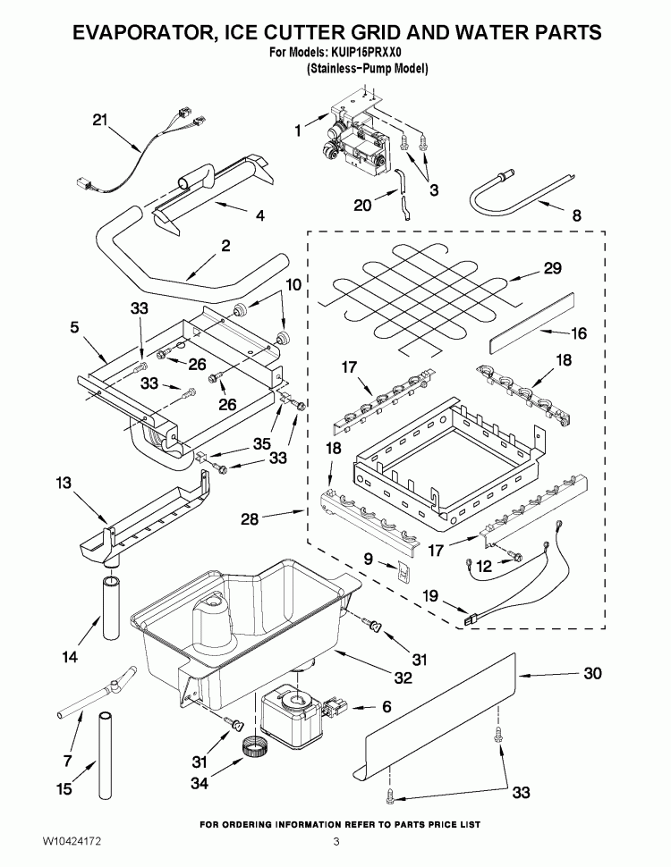 EVAPORATOR, ICE CUTTER GRID AND WATER PARTS Diagram and Parts List for KUIP15PRXX0  KitchenAid Ice Maker
