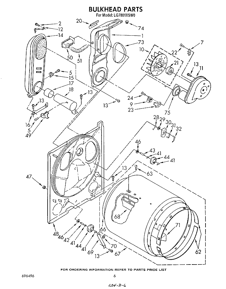BULKHEAD Diagram and Parts List for LG7801XSW0  Whirlpool Dryer