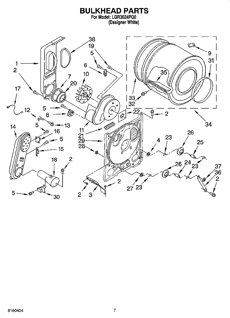 BULKHEAD PARTS Diagram and Parts List for LGR3624PQ0  Whirlpool Dryer
