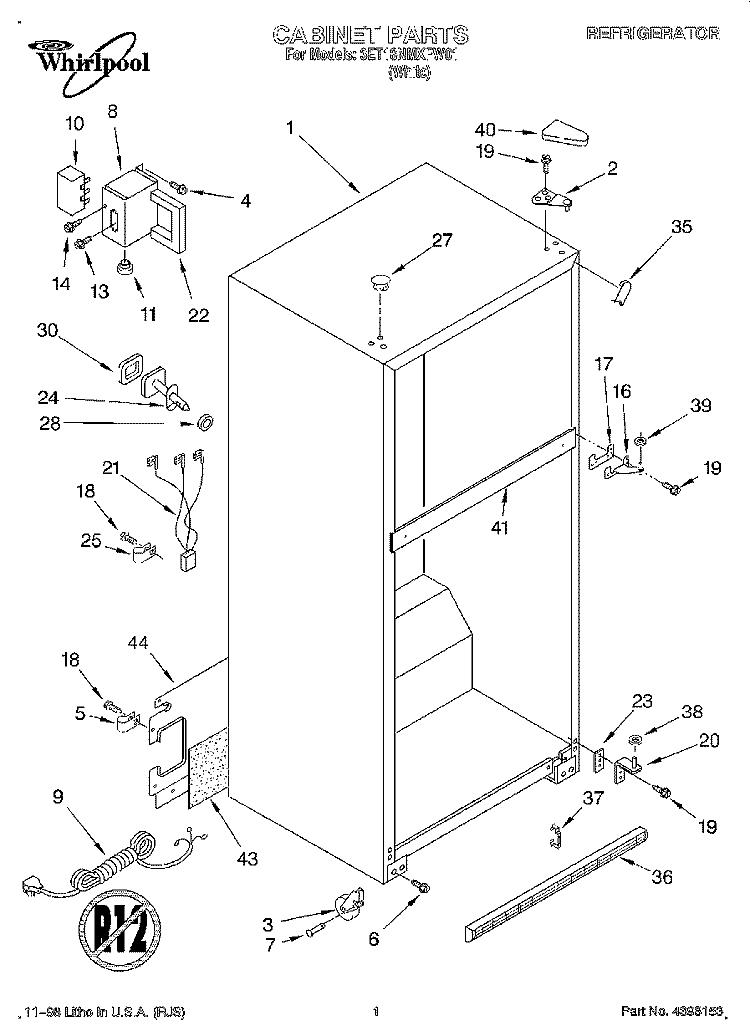 CABINET Diagram and Parts List for 3ET18NMXFW01  Whirlpool Refrigerator
