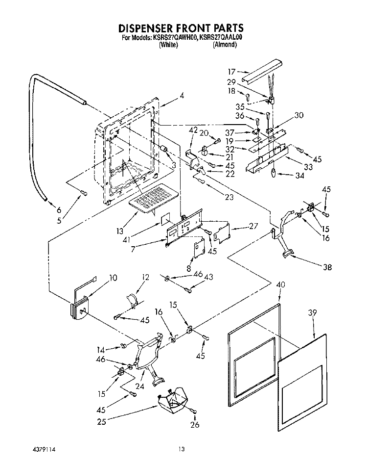 DISPENSER FRONT Diagram and Parts List for KSRS27QAWH00  KitchenAid Refrigerator