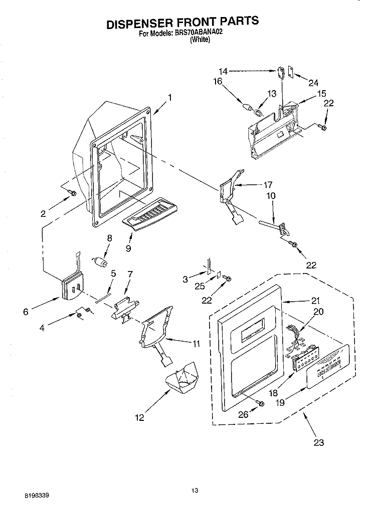 DISPENSER FRONT PARTS Diagram and Parts List for BRS70ABANA02  Whirlpool Refrigerator