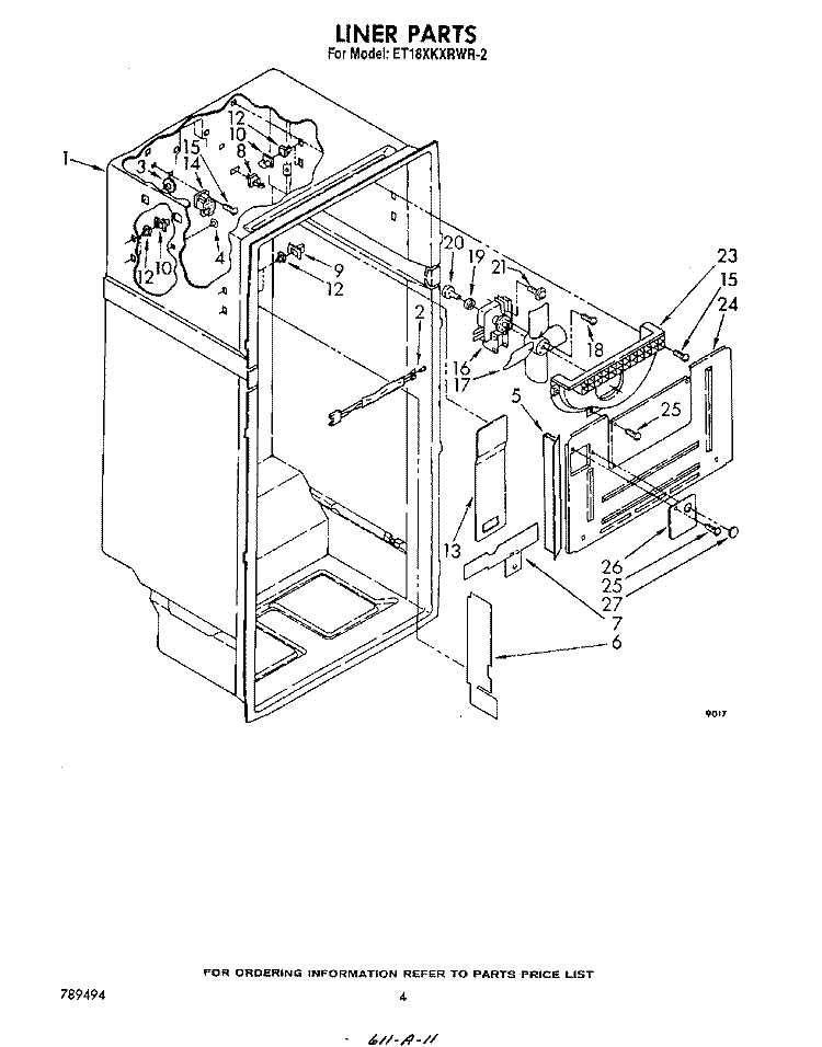 LINER Diagram and Parts List for ET18XKXRWR2  Whirlpool Refrigerator