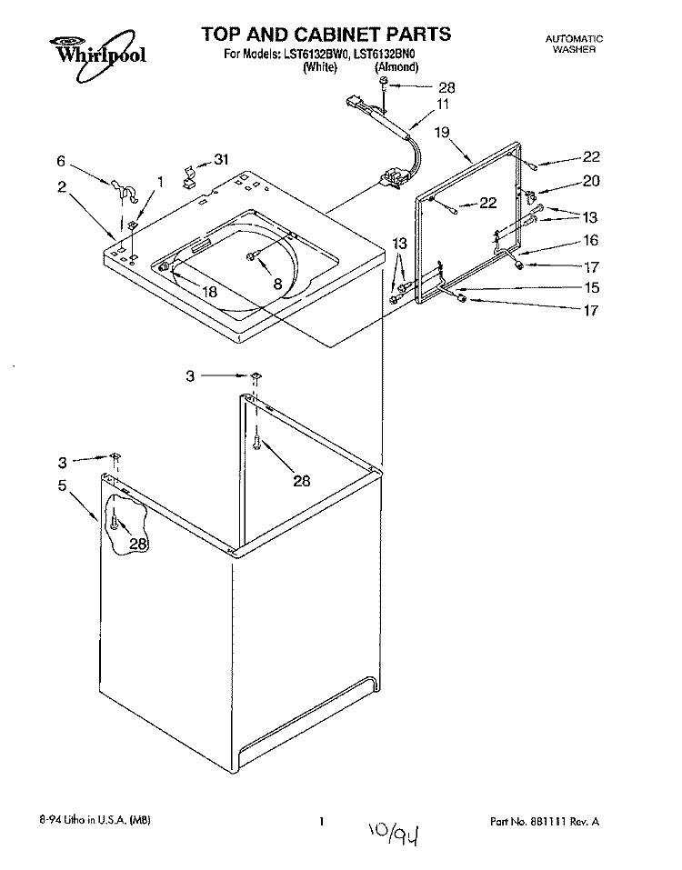 TOP AND CABINET, LIT/OPTIONAL Diagram and Parts List for LST6132BW0  Whirlpool Washer