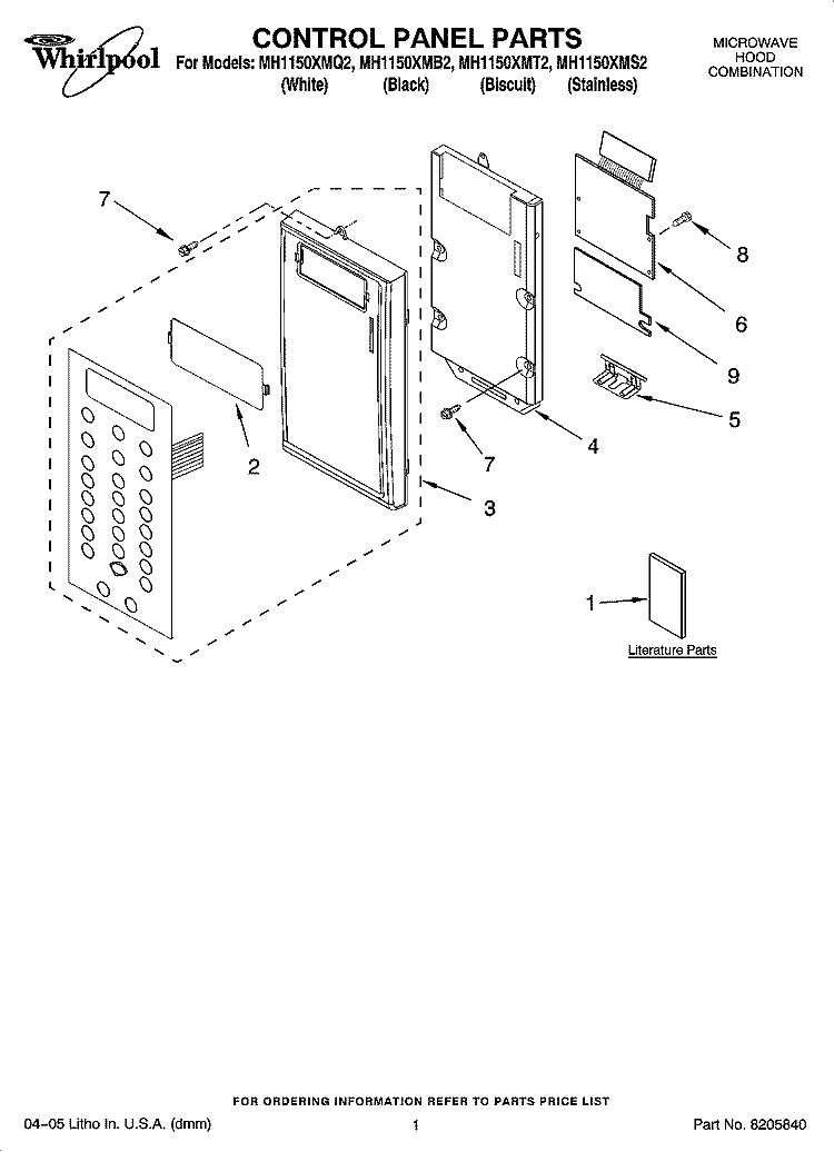 CONTROL PANEL PARTS Diagram and Parts List for MH1150XMQ2  Whirlpool Microwave